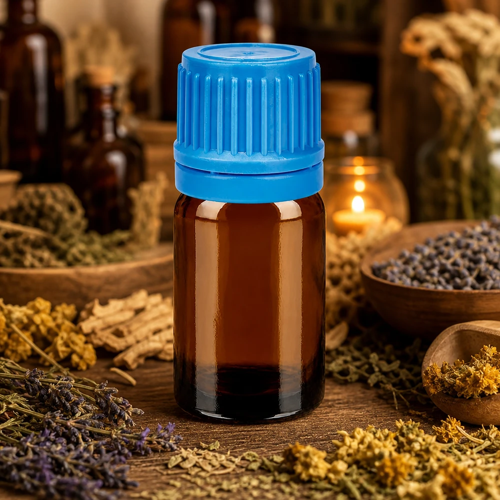 Frasco de vidrio BrownLine de 5 ml con protección UV y tapón de rosca azul de 11 mm para aromaterapia