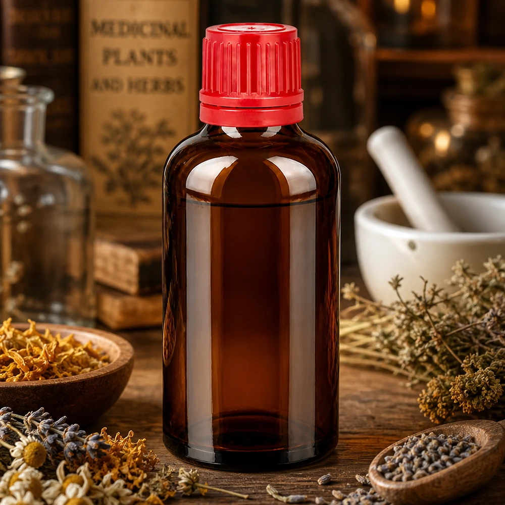 Frasco de cristal BrownLine de 50 ml con protección UV y tapón rojo de seguridad para tinturas