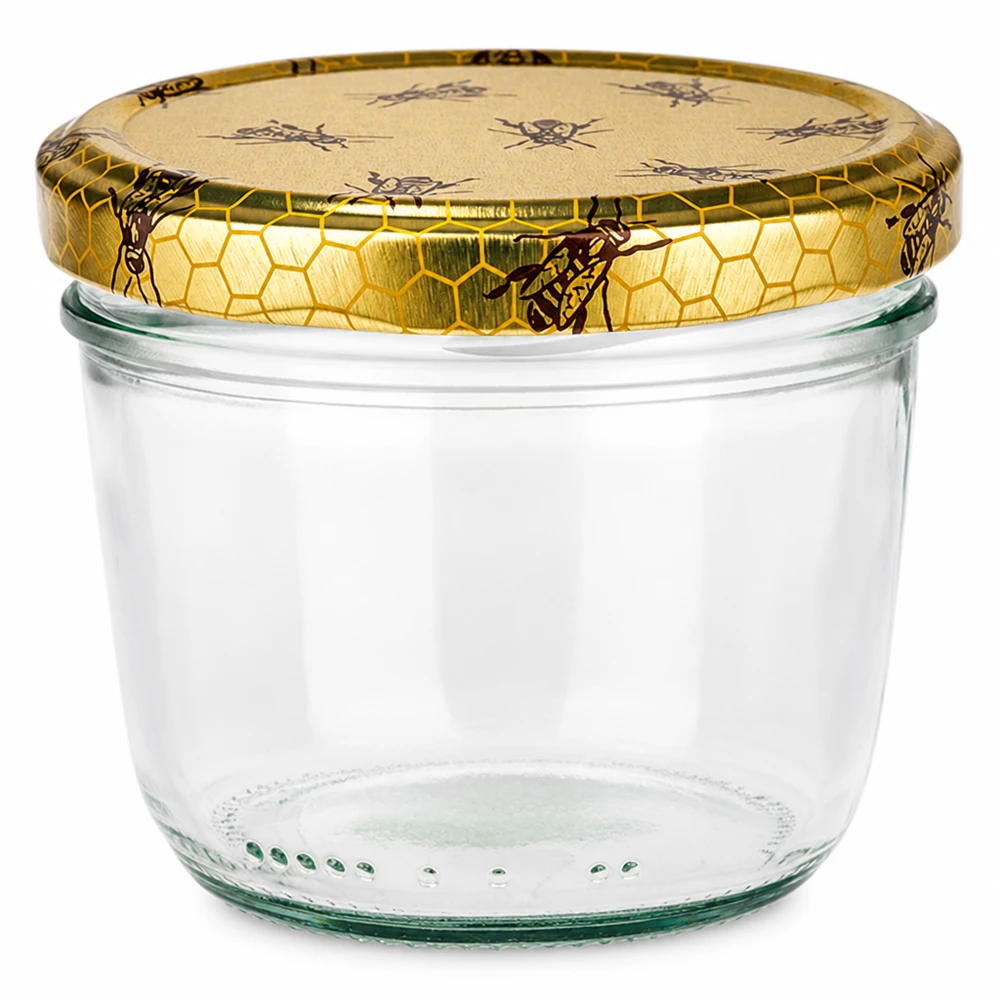 Tarro de cristal de 230 ml + tapa BasicSeal panal UNiTWIST Tarro de cristal de 230 ml con tapa dorada BasicSeal motivo nido de abeja para mermelada de miel y conservas
