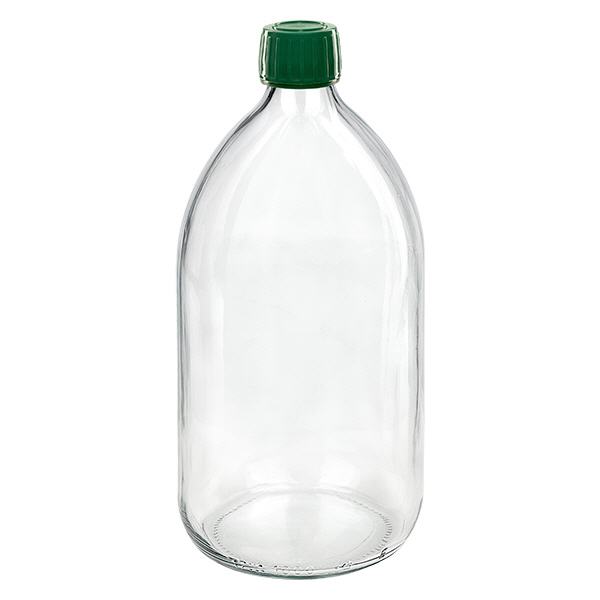 Frasco medicamento 1000ml transparente, tapón verde con precinto de seguridad ApoGlas Frasco medicamento 1000ml transparente, tapón verde con precinto de seguridad ApoGlas