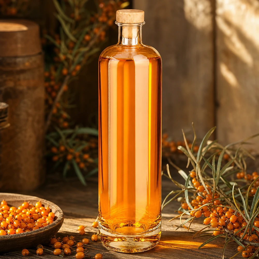 Botella de vidrio de 700 ml «Ella» con tapón de corcho con asa de madera UNiTWIST® Botella de cristal de 700 ml de Ella rellena de licor de espino amarillo y tapón de madera entre bayas frescas de espino amarillo sobre una mesa de madera
