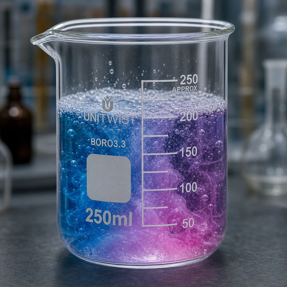 Vaso 250 ml borosilicato, molde bajo UNiTWIST Vaso de precipitados de 250 ml, de forma baja, con reacción azul-violeta, fabricado en borosilicato 3.3 resistente al calor