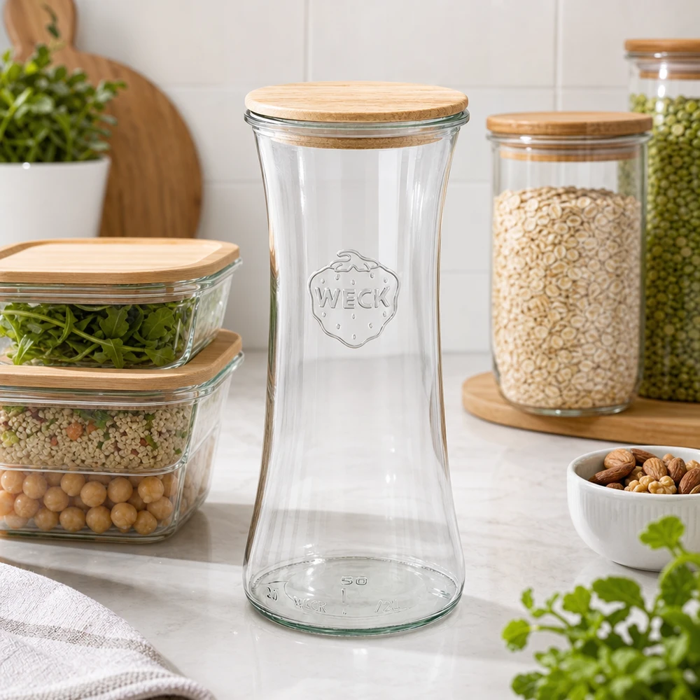 Tarro delicatessen WECK RR80 de 700 ml con tapa de madera WECK tarro delicatessen 700ml vacío en cocina moderna con tarros de almacenaje y almacenaje organizado de alimentos