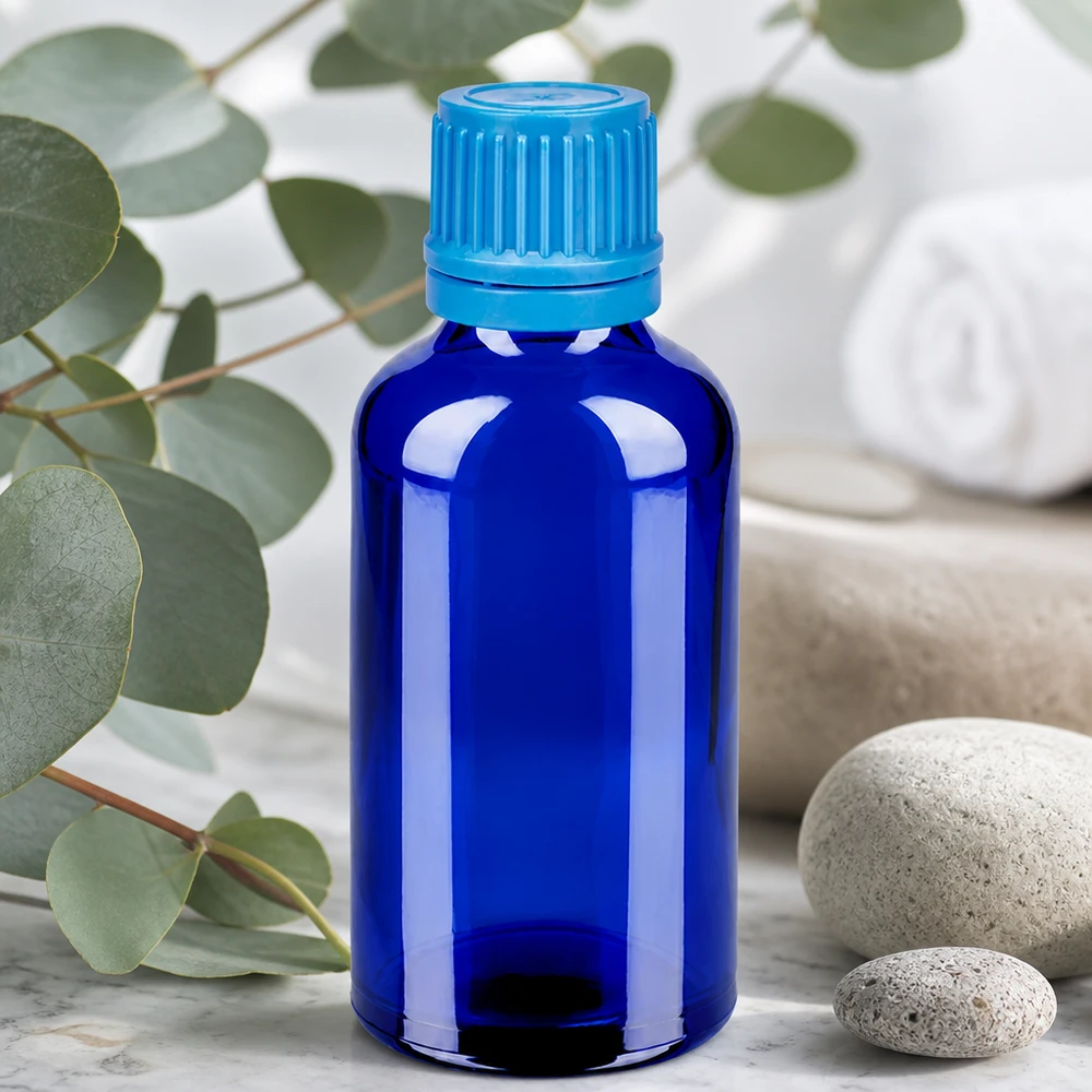Frasco 50ml 11mm tapón rosca azul BlueLine UT18/50 Frasco cuentagotas compacto de 50 ml de vidrio azul con tapón a prueba de niños para aplicaciones de laboratorio