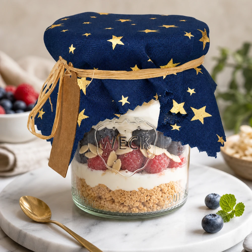 Alfombra de tela para bisutería "estrellas" azul 15cm cuadrado Blaues Sternenmuster Schmuckdeckchen auf Dessertglas mit Beeren und Sahne - dekoratives Stoffdeckchen 15cm eckig
