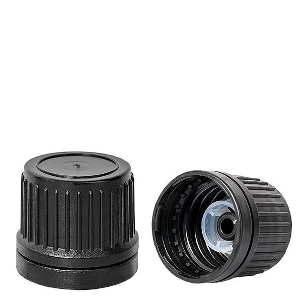 Tapón de rosca superior con anillo vertedor negro 18mm cierre inviolable Tapón de rosca superior con anillo vertedor negro 18mm cierre inviolable