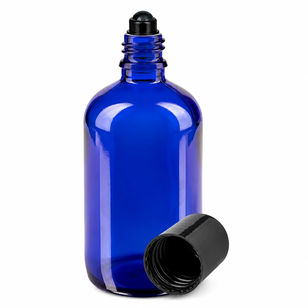 Botella de farmacia azul 100ml roll-on cap negro Frasco azul de 100 ml con aplicador de bola, de cristal de farmacia, con tapón de bola negro