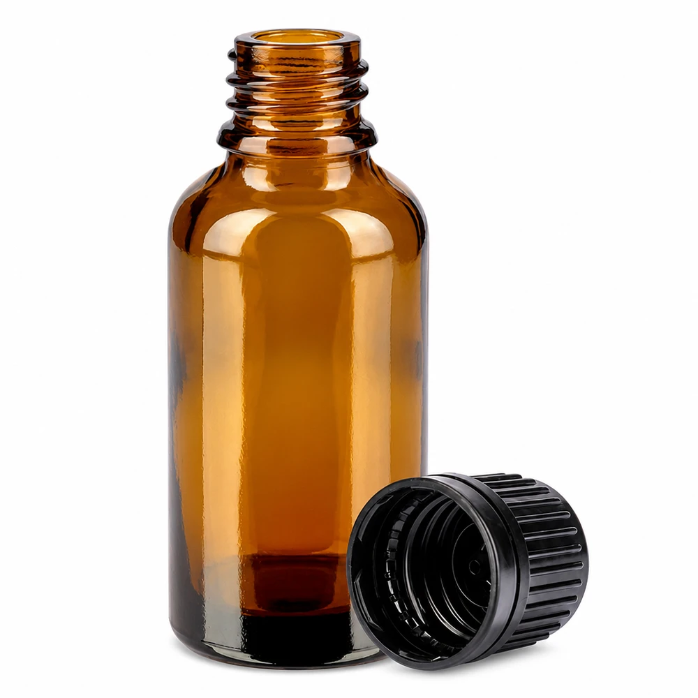 Frasco de vidrio marrón de 30 ml con tapón de rosca negro para aromaterapia y medicina