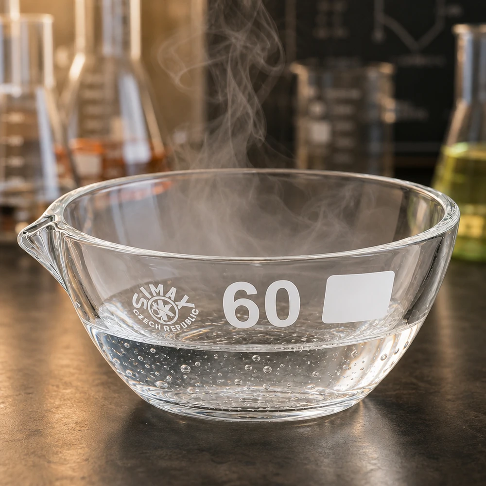 Plato de evaporación de borosilicato transparente de 45 ml con pico para experimentos y análisis químicos