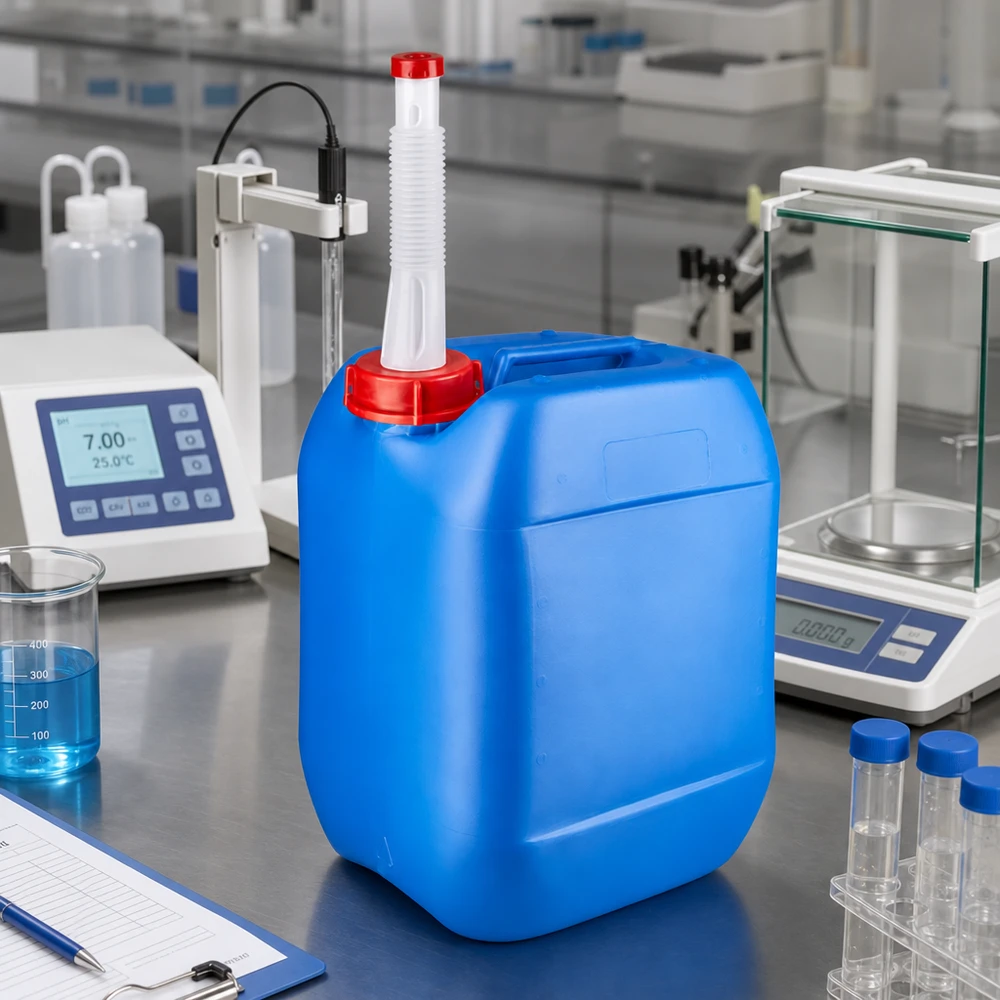 Bidón portátil azul de 10 litros con tubo de salida flexible y tapón rojo para uso en laboratorio
