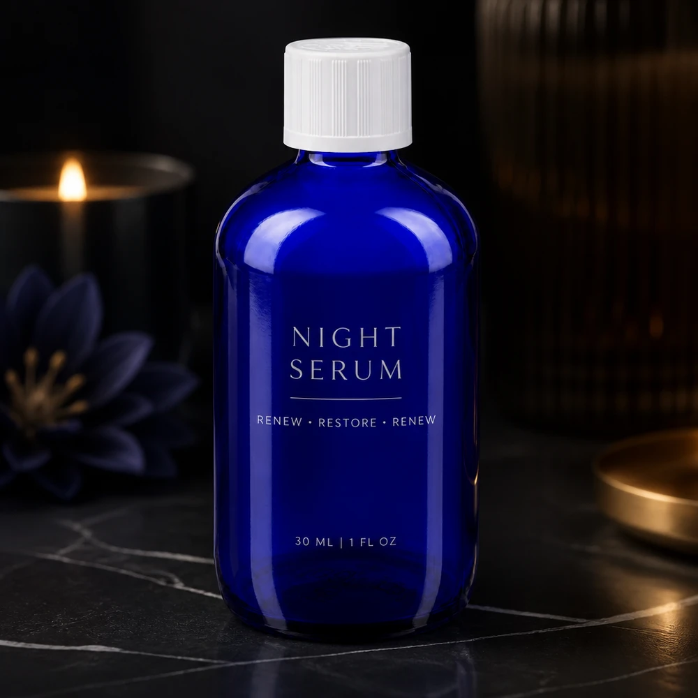 Botella de farmacia azul 100ml tapón cuentagotas blanco a prueba de niños estándar Frasco de cristal azul de 100 ml con tapón de seguridad para niños de color blanco, como envase del sérum de noche