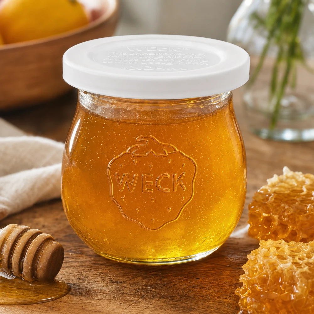 Tarro tulipán de 75ml con tapa de frescor WECK RR40 WECK Tulpenglas 75ml mit Honig befüllt neben Waben und Honiglöffel zeigt vielseitige Verwendung des RR40 Einmachglases