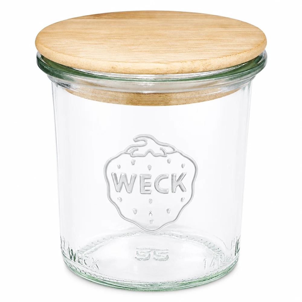 Vaso WECK RR60 de 140ml con tapa de madera Tarro de cristal de 140ml WECK RR60 con tapa de madera Tarro de cristal transparente con tapa de madera natural para cocina