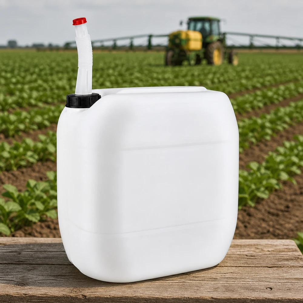Bidón de 30 litros con tubo de salida flexible Bidón rectangular de 30 litros con tubo de salida flexible sobre un suelo de madera, delante de un tractor en el campo