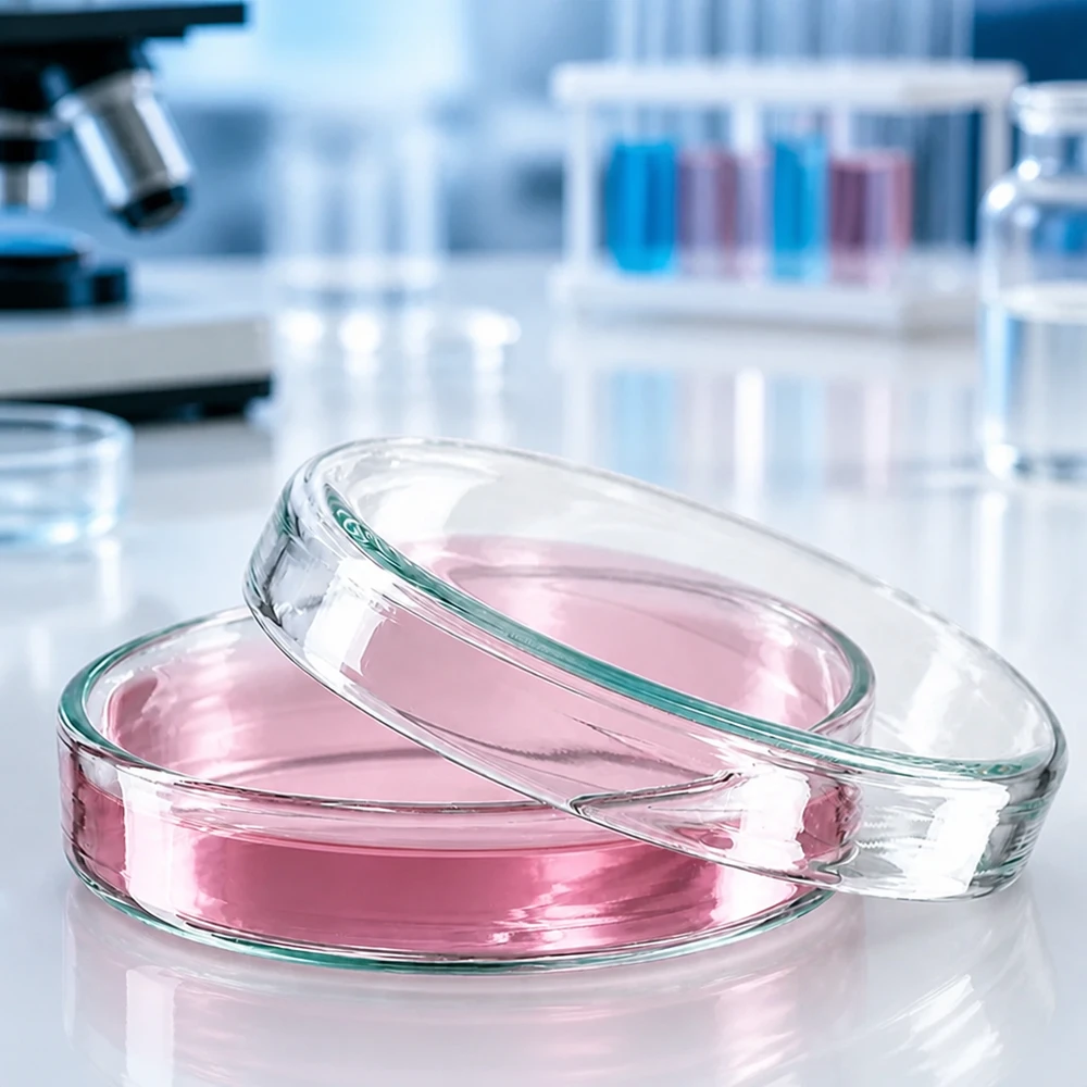 Dos placas de Petri de vidrio de 60 x 15 mm con medio de cultivo celular de color rosa, apiladas una encima de otra en un entorno de laboratorio