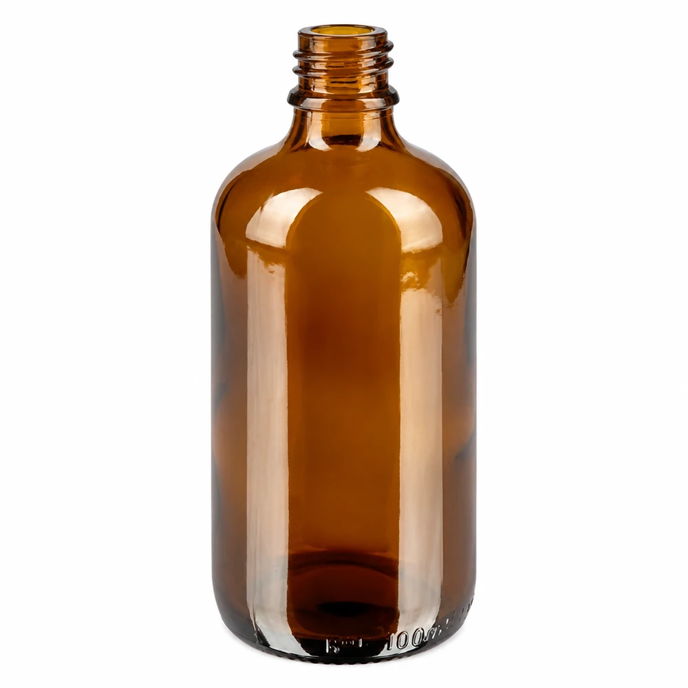 Frasco de vidrio ámbar de 100 ml con rosca para aplicaciones versátiles en cosmética y farmacia