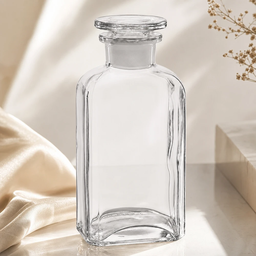 Botella cuadrada vacía de 250 ml de cristal transparente con tapón, sobre una superficie blanca junto a un trozo de tela de seda