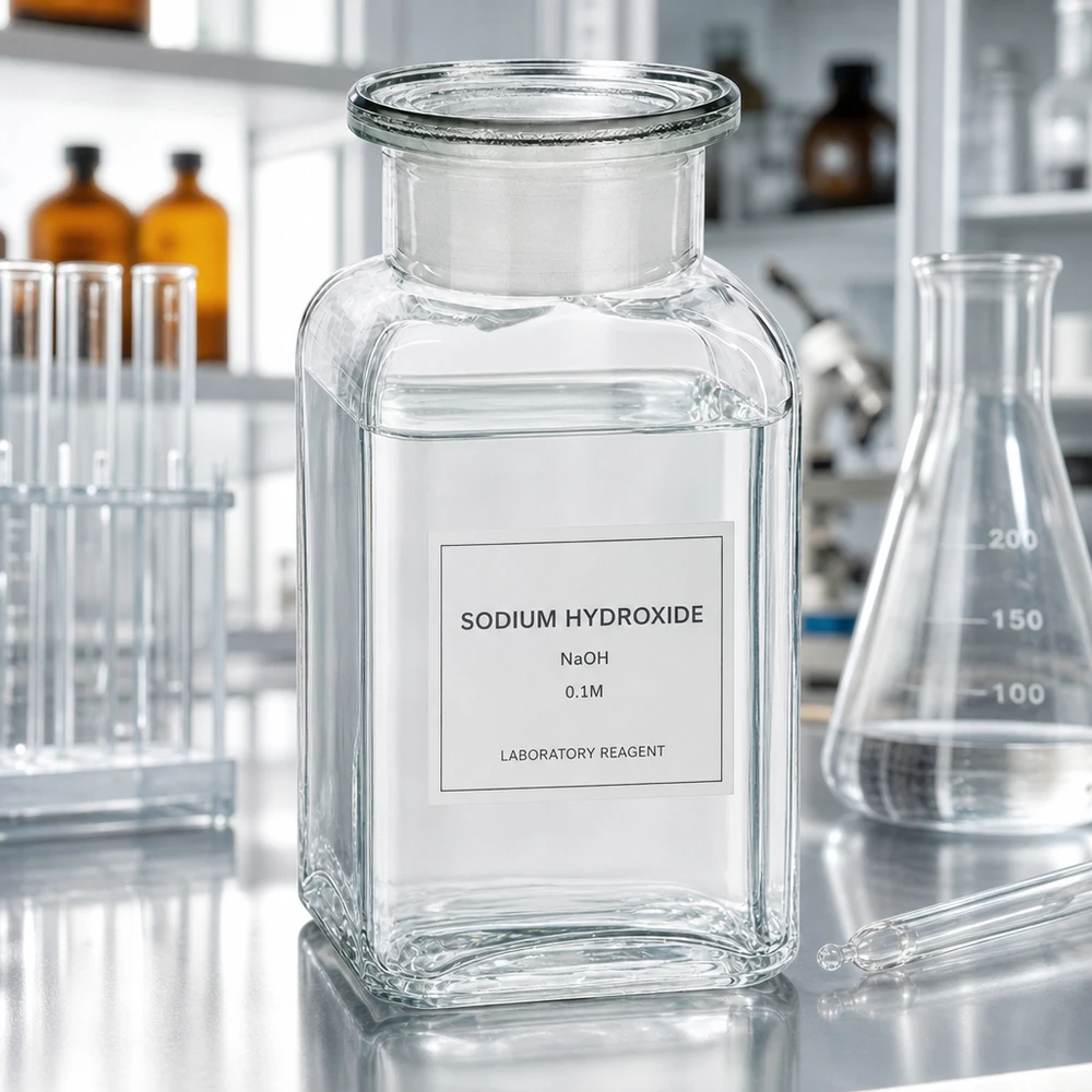 Frasco de laboratorio cuadrado de 100 ml, transparente, con solución de hidróxido de sodio (NaOH) y tapón de vidrio, de cuello ancho