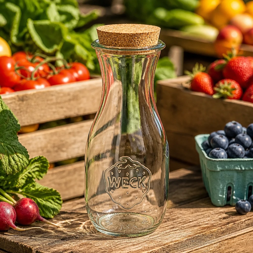 WECK botella de zumo 530ml vacía con tapón de corcho entre frutas y verduras frescas sobre mesa de madera cocina natural