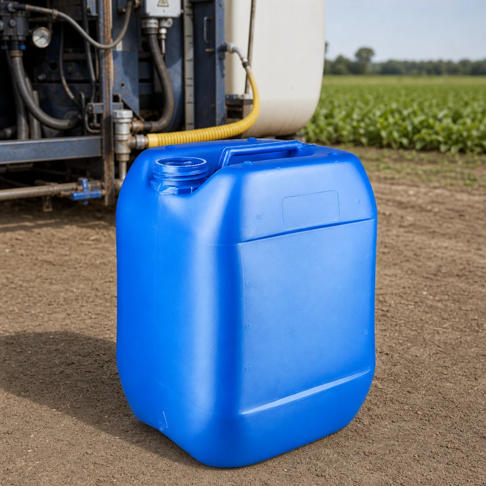 Un bidón azul de 10 litros sin tapón junto a un pulverizador agrícola en un campo de cultivo