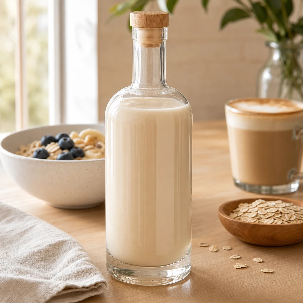 Botella de vidrio de 750 ml «Emma» con tapón de corcho con asa de madera UNiTWIST® Botella de cristal de 750 ml Emma con tapón de madera llena de leche de avena junto a un bol de cereales y una taza de café sobre una mesa de madera