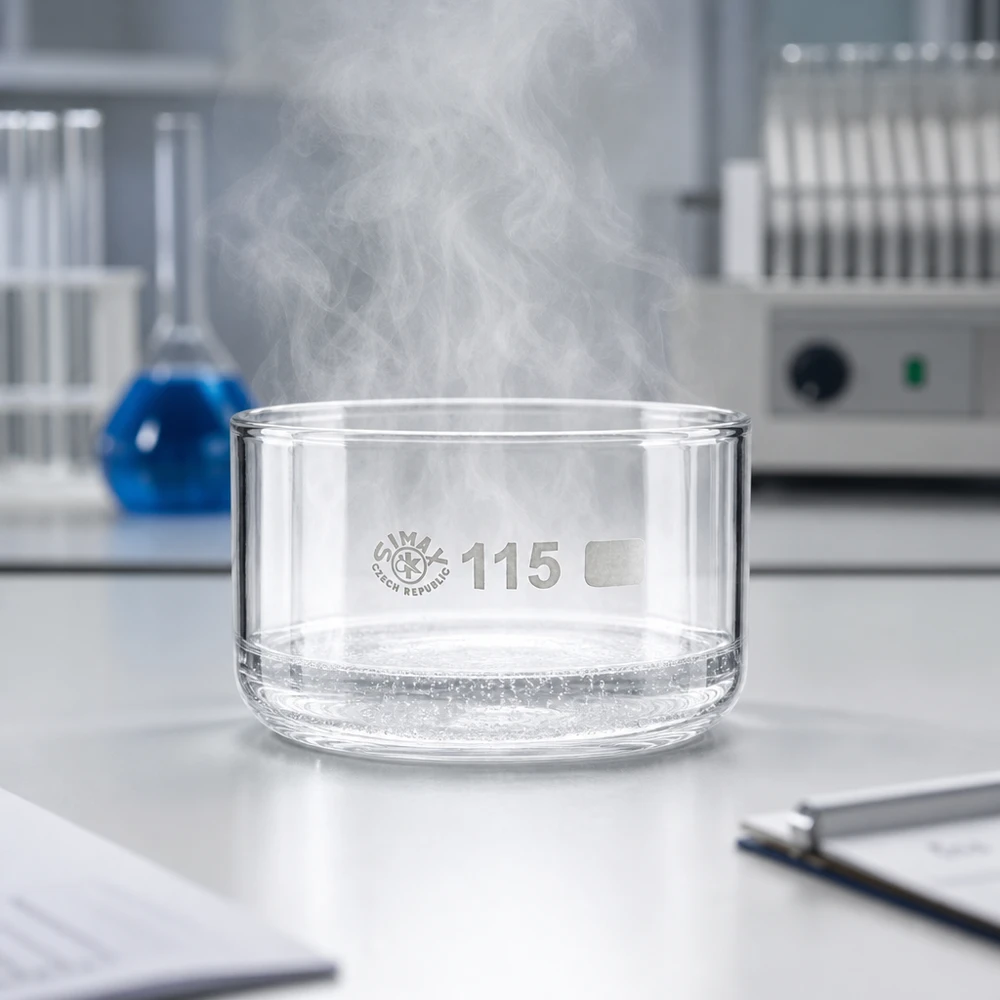 Cristalizador 500ml sin pico borosilicato ø115mm Recipiente de cristalización SIMAX de 500 ml del que sale vapor de agua caliente sobre una superficie de laboratorio blanca