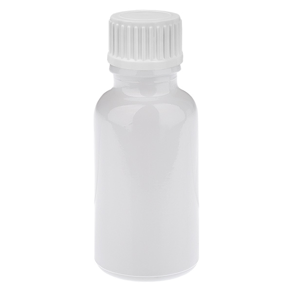 Botella para glóbulos de 20 ml, anillo vertedor de 3 mm, blanco, tapón estándar WhiteLine UT18/20