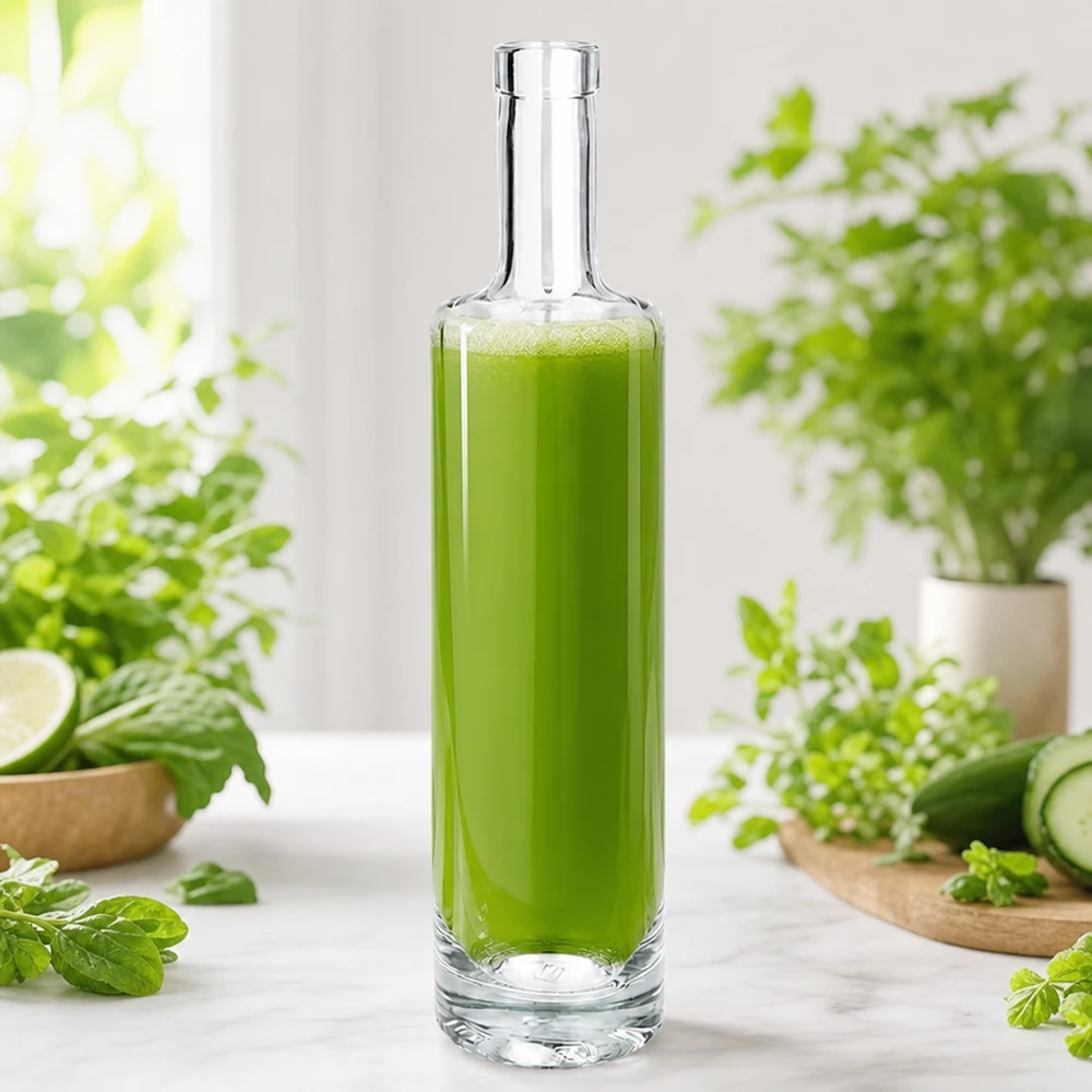 Botella de cristal de 500 ml de Lina llena de batido verde entre hierbas y verduras frescas en una escena de cocina natural