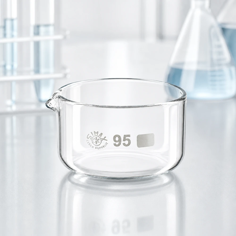 Cristalizador 300ml con pico borosilicato ø95mm Recipiente de laboratorio redondo de 300 ml con pico vertedor, de vidrio borosilicato transparente sobre una base de laboratorio blanca SIMAX