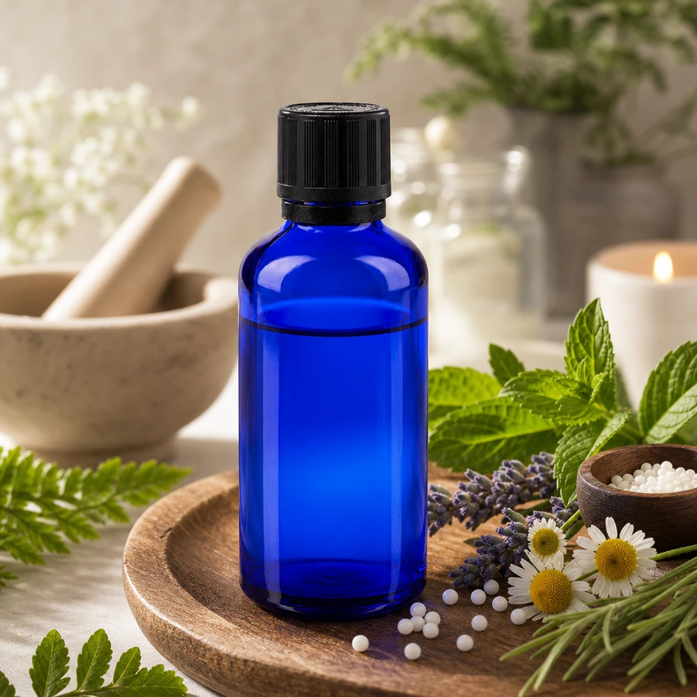 Frasco de cristal azul de 50 ml con tapón negro sobre una bandeja de madera, rodeado de manzanilla y hojas de menta