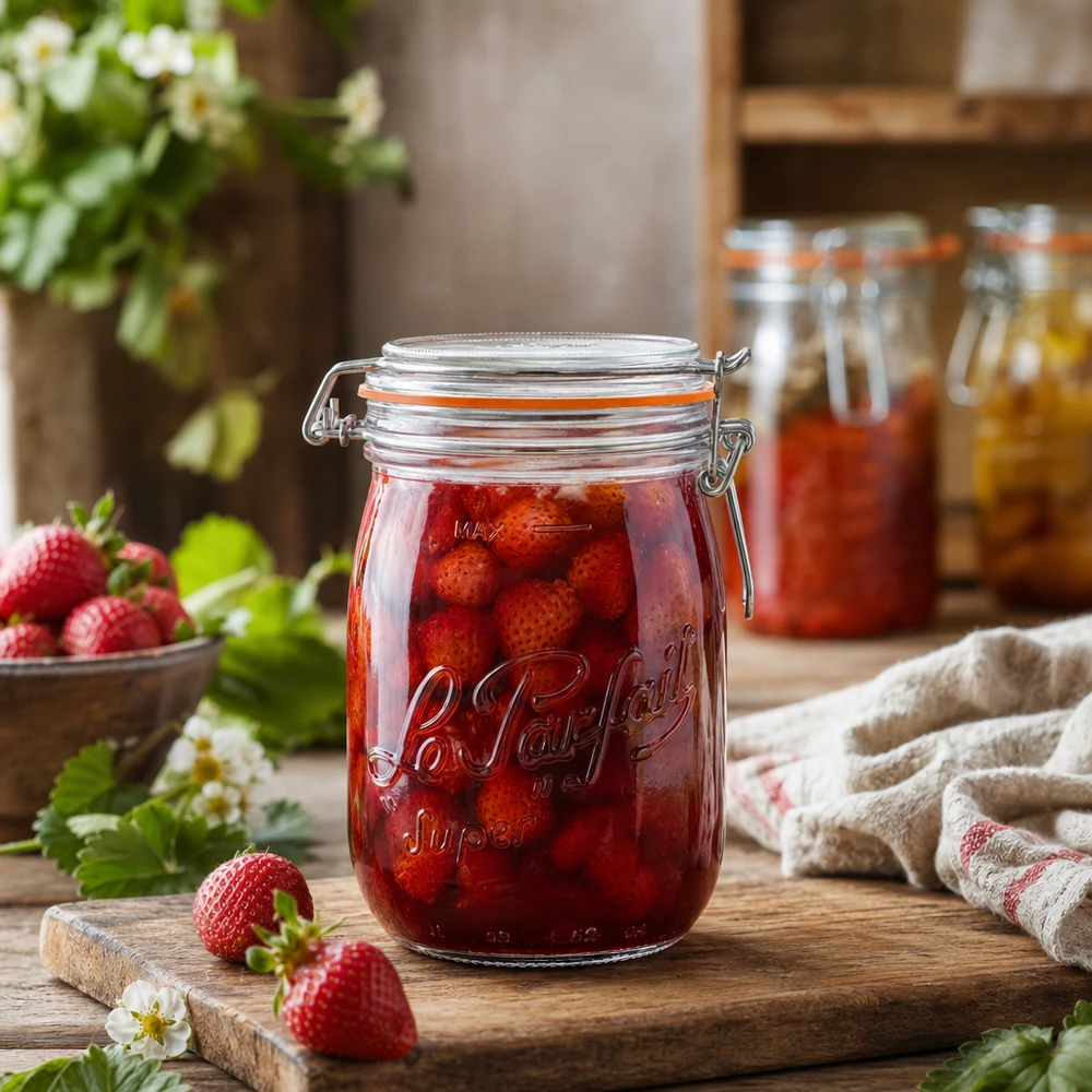 Bote Le Parfait® 1 L Ø85 mm conserva 1000ml Le Parfait super tarro de almacenamiento con tapa oscilante lleno de fresas sobre tabla de madera en cocina rústica