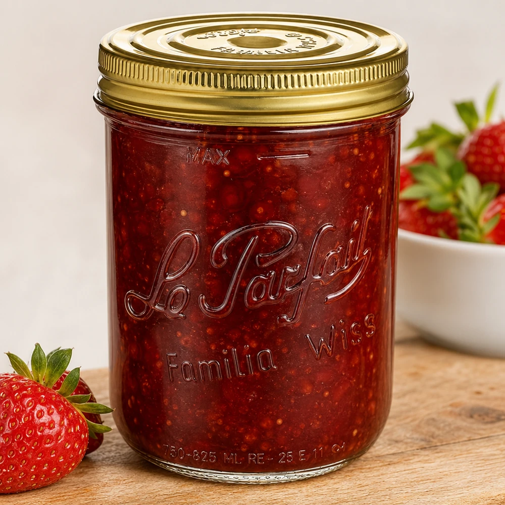 Familia Wiss 1020ml mason jar con tapa de rosca lleno de mermelada de fresa junto a fresas frescas