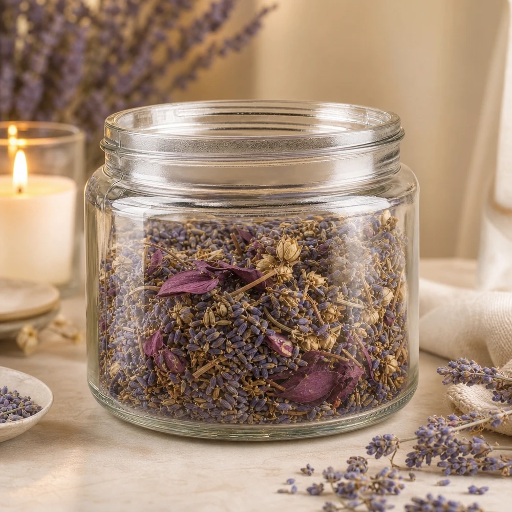 Ungüentario (tarro de cristal) 250 ml transparente, sin tapa, rosca 83mm/R3 Tarro de cristal de 250 ml relleno de lavanda y hierbas secas Almacenamiento decorativo rústico para tés y especias