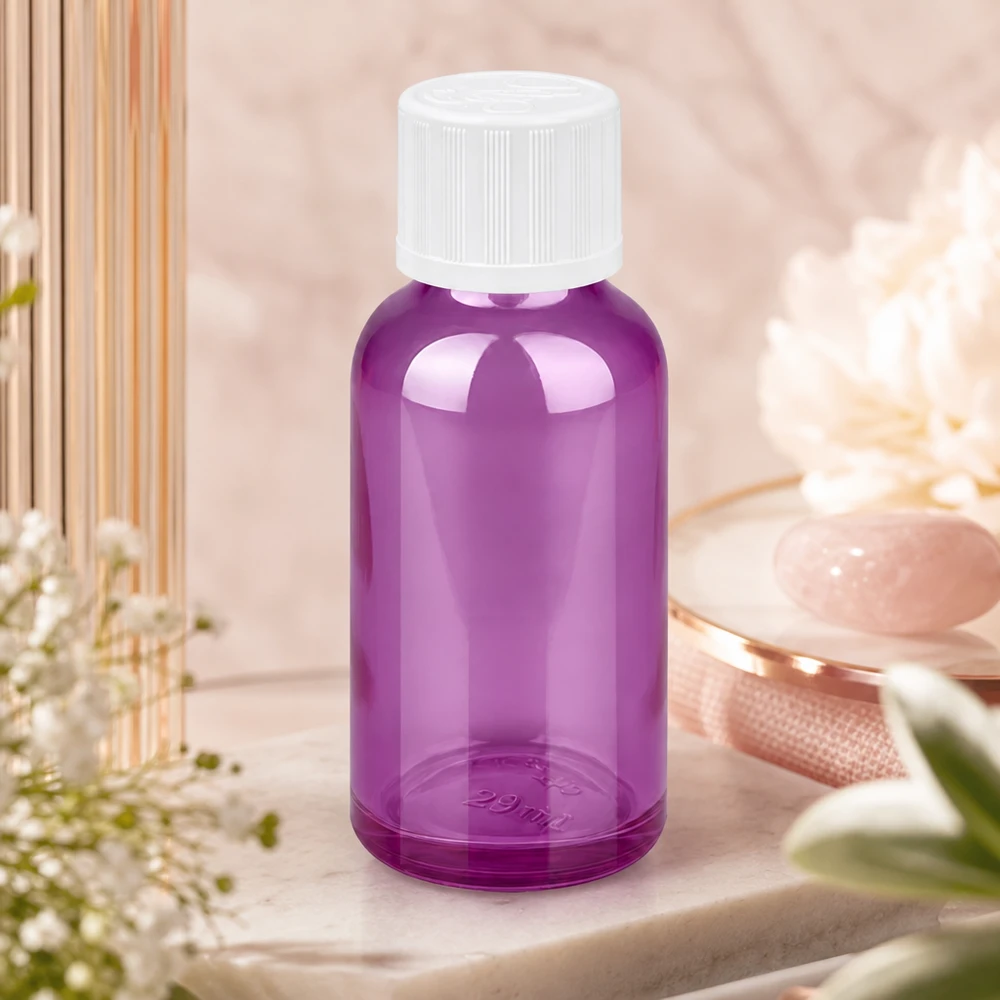 Frasco cuentagotas de 30 ml de alta calidad con abertura de precisión de 1,2 mm en un elegante diseño morado para una dosificación precisa