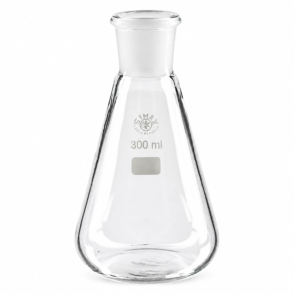 Matraz Erlenmeyer 300ml con forma cónica y junta esmerilada 29/32 de gas de laboratorio transparente