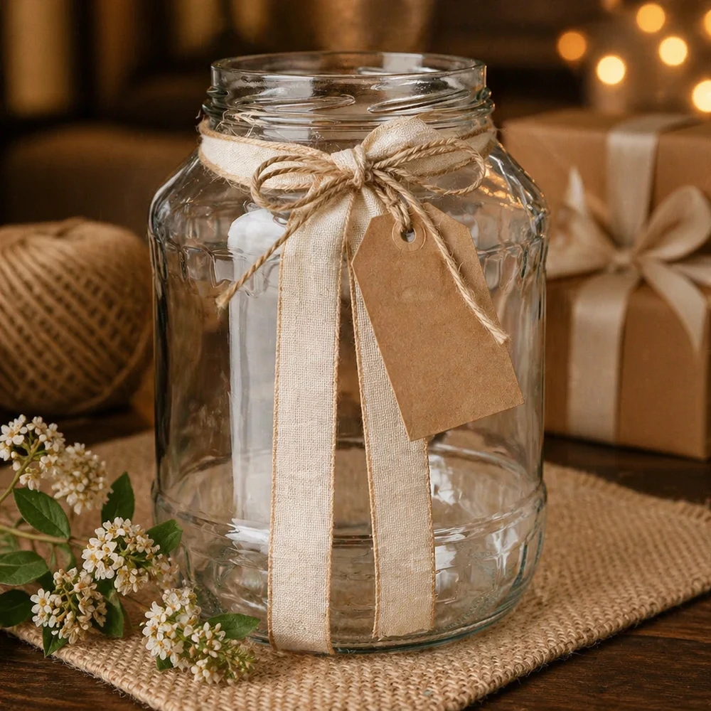 UNiTWIST Runda2650 vasos 2650ml como decoración con cinta de lino y etiqueta de regalo decoración de mesa rústica TO100