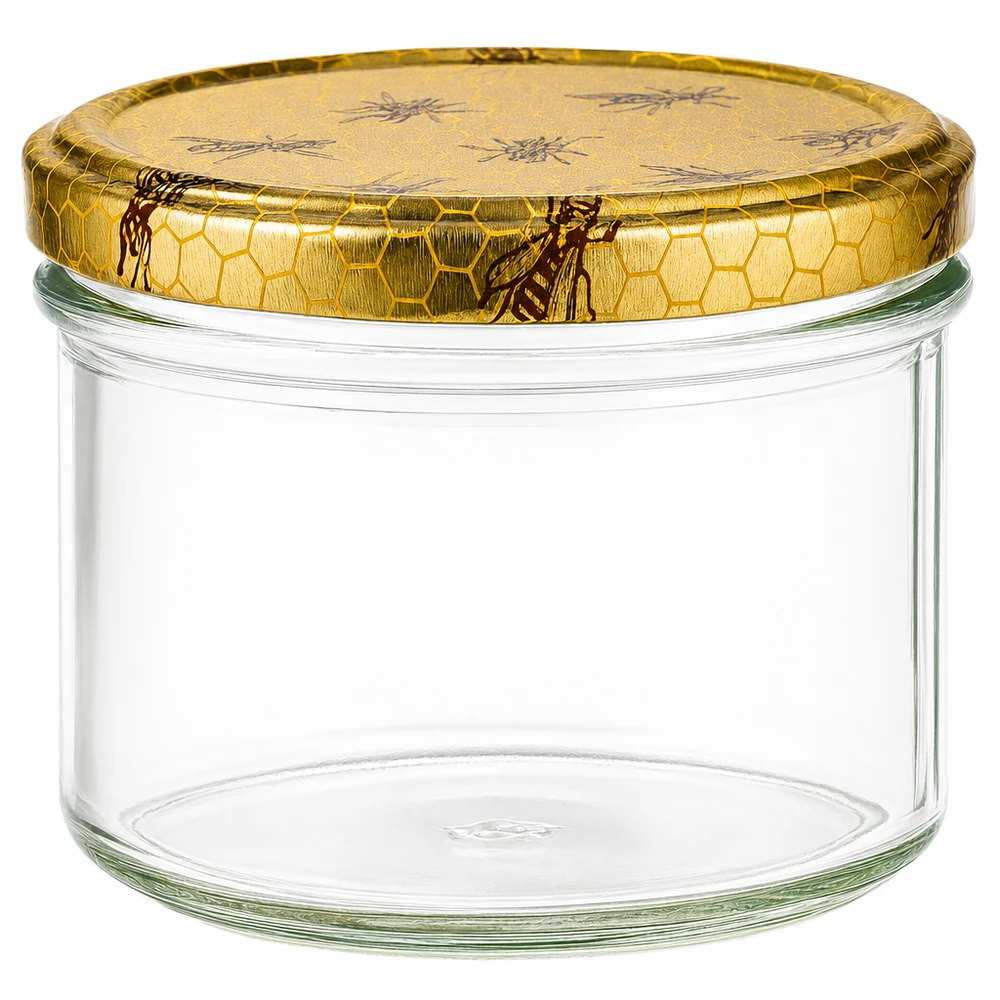 Tarro para miel de 250 g con tapa con diseño de panal BasicSeal UNiTWIST 250g Honigglas mit goldenem Bienenwabe-Deckel - leeres Einmachglas für Honig, Marmelade und Vorräte
