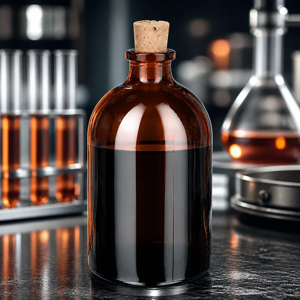 Botella de vidrio ámbar 100ml con corcho 11/14mm Klassische Rundflasche 100ml aus bernsteinfarbenem Laborglas mit Naturkorkverschluss 11/14mm