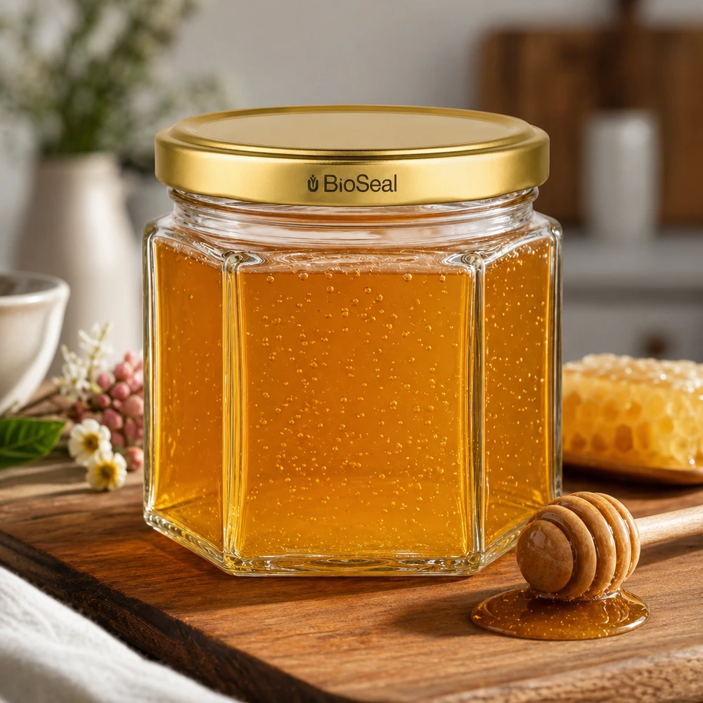 Frasco hexa de 47ml con tapa dorada UNiTWIST BioSeal Tarro de miel UNiTWIST Hexa47 con tapa dorada TO43 BioSeal sobre tabla de madera con cuchara de miel en cocina natural
