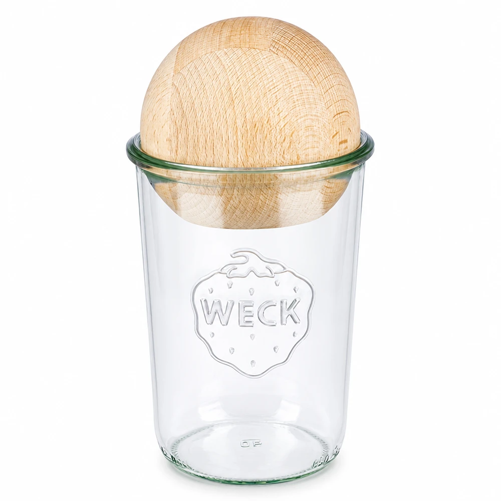Tarro tulipa 850ml WECK RR100 con bola de madera haya WECK RR100 vasos 850ml con tapa de bola de madera de haya, tarro de conserva transparente con tapa de madera