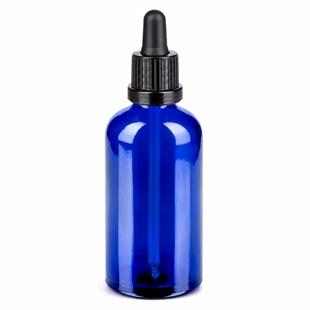 Frasco pipeta azul 100ml de vidrio con pipeta negra para una dosificación precisa