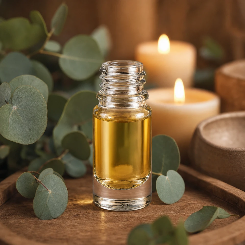 Frasco de vidrio transparente 5ml DIN 18 Frasco boticario ApoGlas de 5 ml con líquido amarillo dorado en un ambiente relajante de aromaterapia