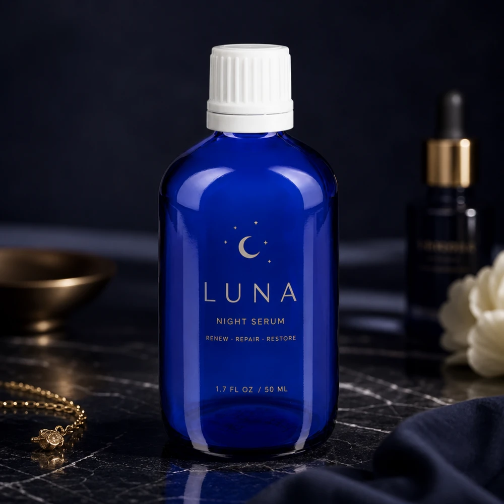 Frasco de farmacia de cristal azul cobalto de 100 ml con tapón cuentagotas blanco para sérum nocturno y aceites de cuidado