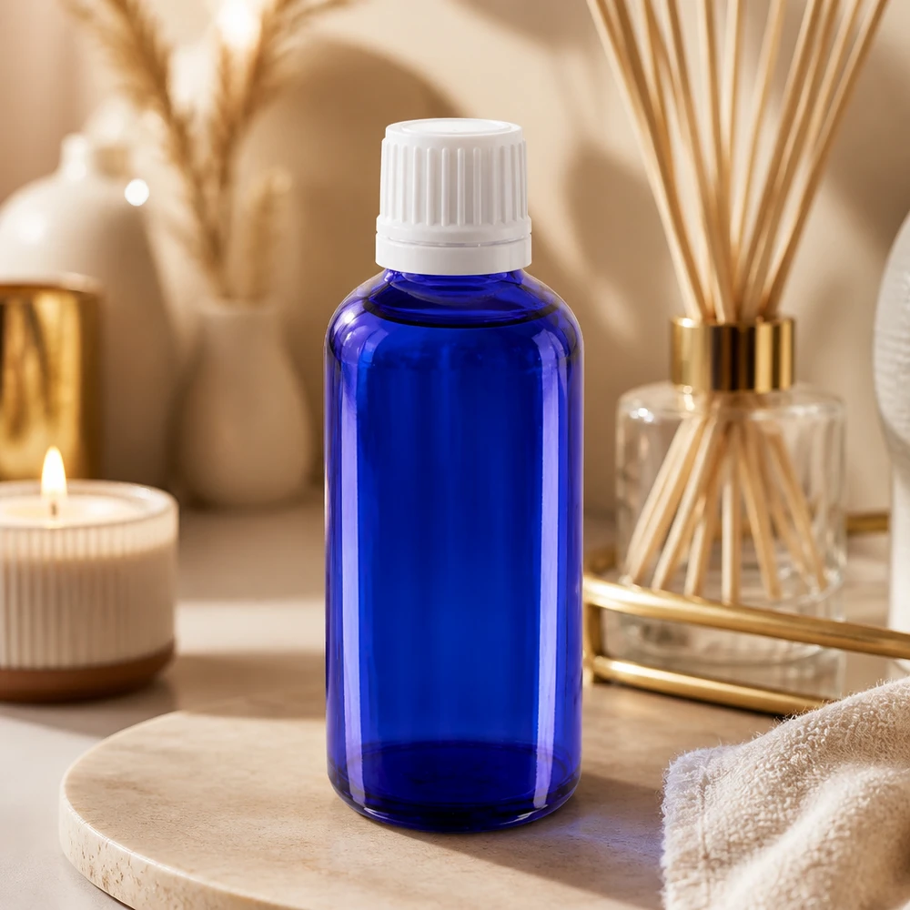 Frasco de farmacia de 50 ml de cristal azul con tapón dosificador blanco para cosmética y aromaterapia