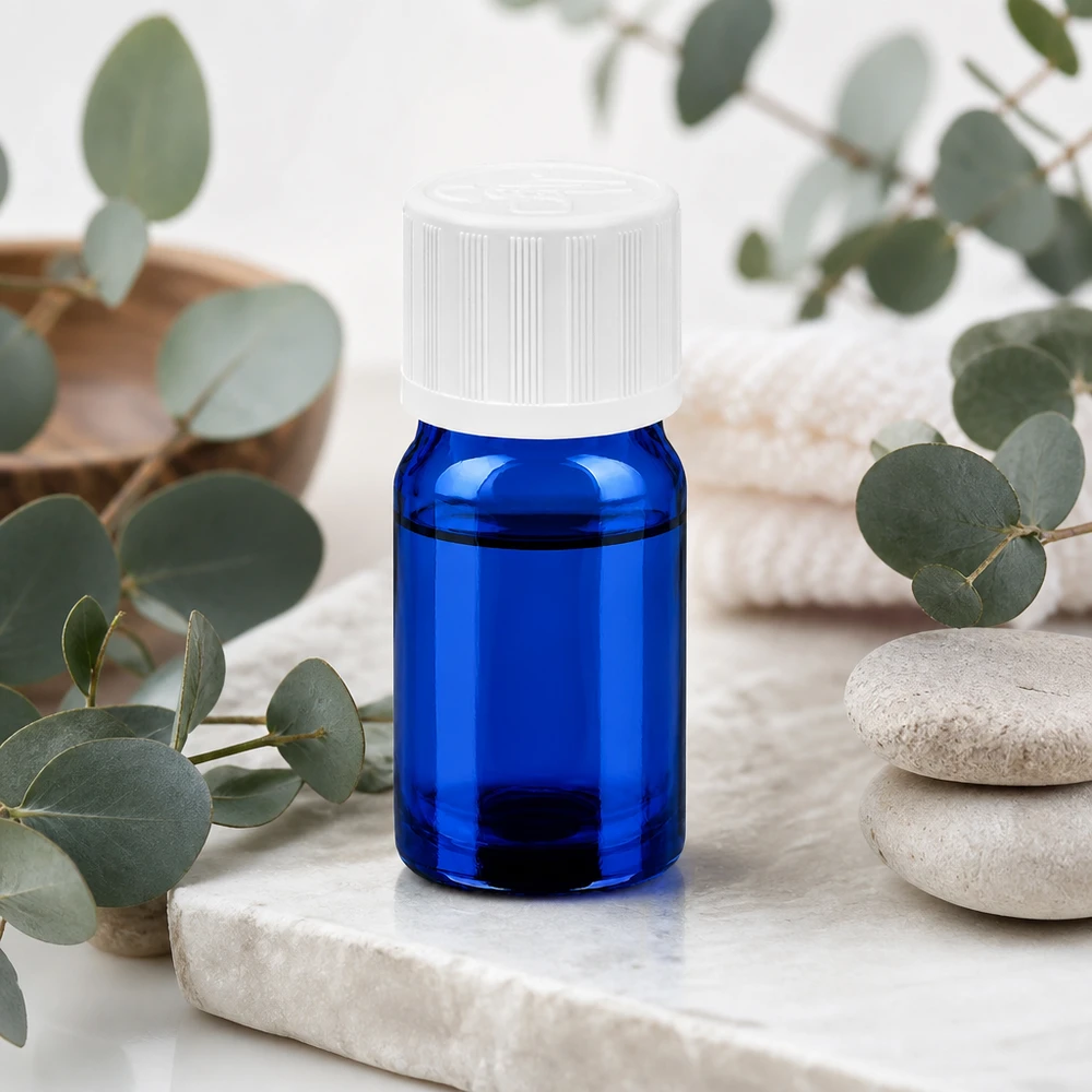 Frasco de vidrio de 5 ml de color azul brillante con práctico tapón de rosca