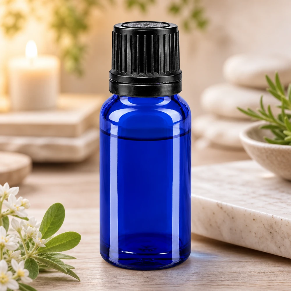Frasco cuentagotas azul oscuro de 10 ml con tapón de seguridad negro, fabricado en vidrio de farmacia de alta calidad