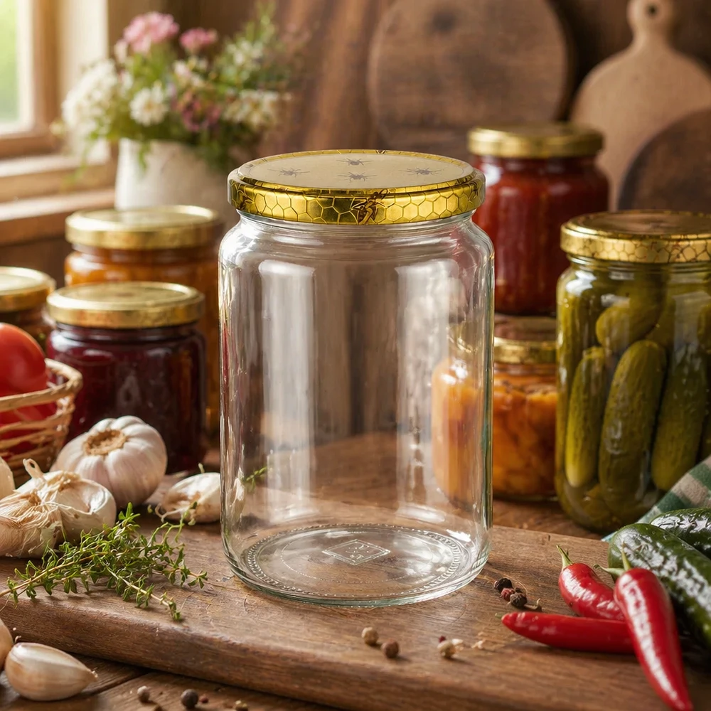 Tarro de miel de 1000 g vacío con tapa de panal dorada entre tarros de conserva y hierbas frescas en una cocina rústica