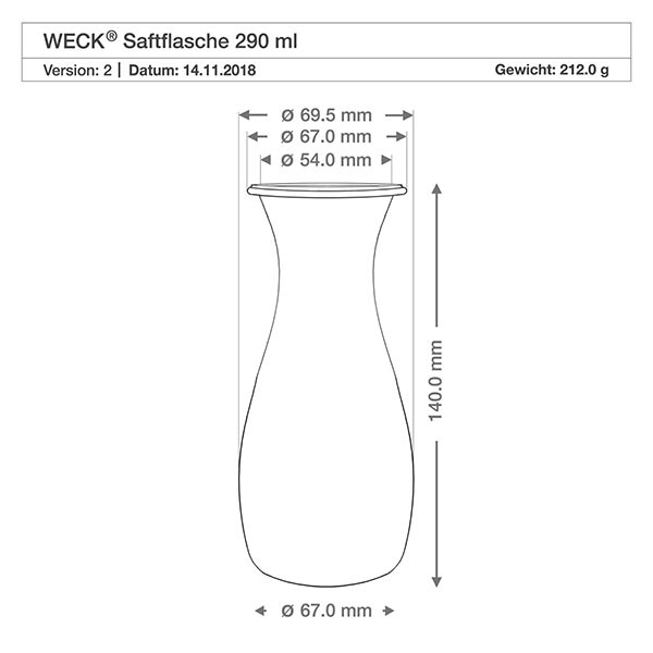 290ml botella de zumo WECK RR60 con corcho natural Dibujo técnico WECK 290ml botella de zumo con dimensiones Diámetro 69.5mm Altura 140mm Peso 212g RR60