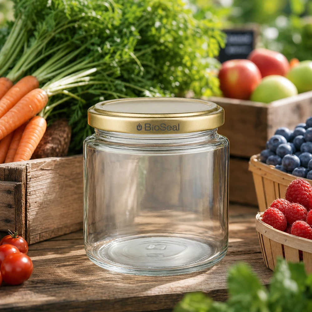 Tarro de miel BioSeal de 250 ml vacío con tapa dorada UNiTWIST rodeado de frutas y verduras frescas del huerto
