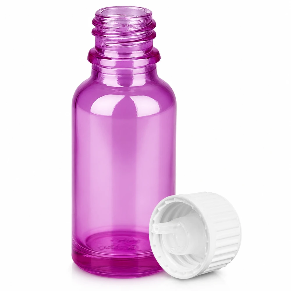 Frasco de vidrio morado de 20 ml con tapón cuentagotas blanco para aceites esenciales y sueros